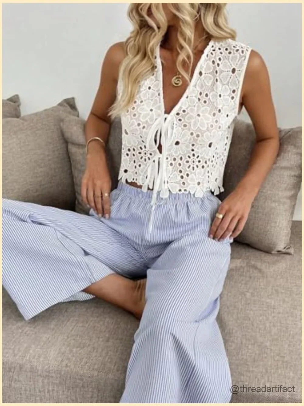 Tie Front Lace Eyelet Embroidered Boho Crop Tank Top Summer Beach Vacation - Picture 4 of 7